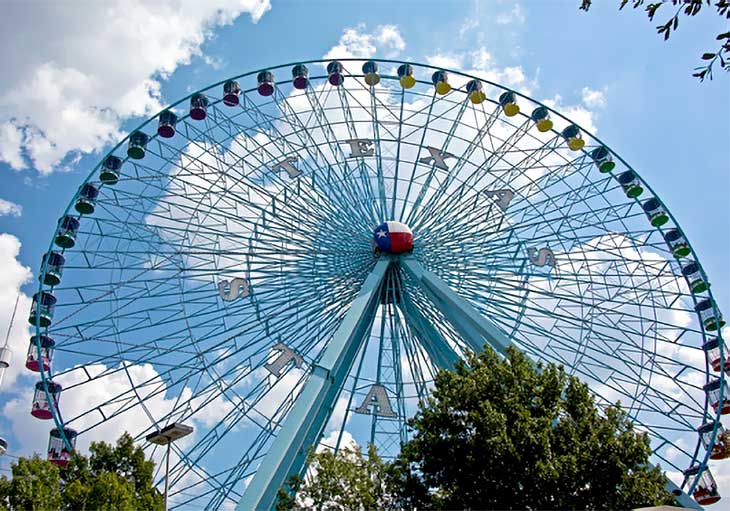 texas state fair ferris wheel with partly cloudy blue sky in background