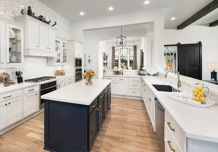 Modern black and white kitchen with large island, tile backsplash and yellow accents in a Texas home.