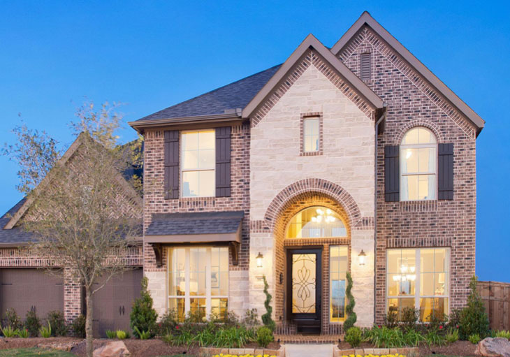 Perry Homes' Design 3593W is a two-story brick and stonework home with a two-car garage and beautiful landscaping in a master-planned community.